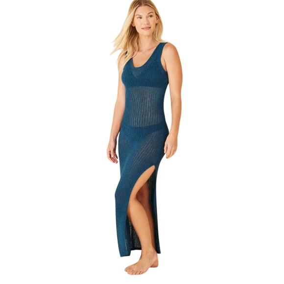 Shade & Shore Women's Crochet Maxi Cover Up Tank Dress Teal Blue Size Medium - Picture 1 of 6